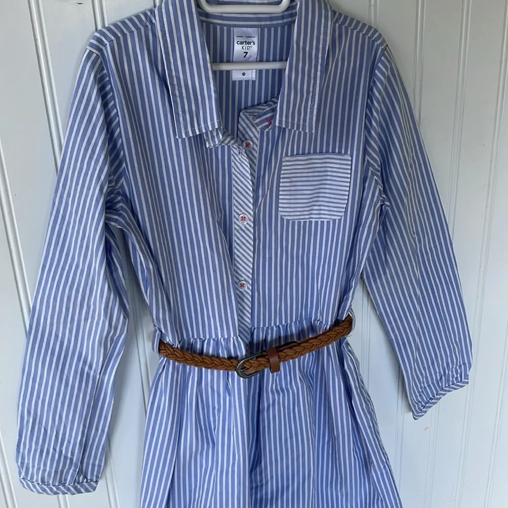 CARTERS GIRLS BLUE WHITE STRIPED LONG SLEEVE DRESS WITH BROWN BELT SIZE 7